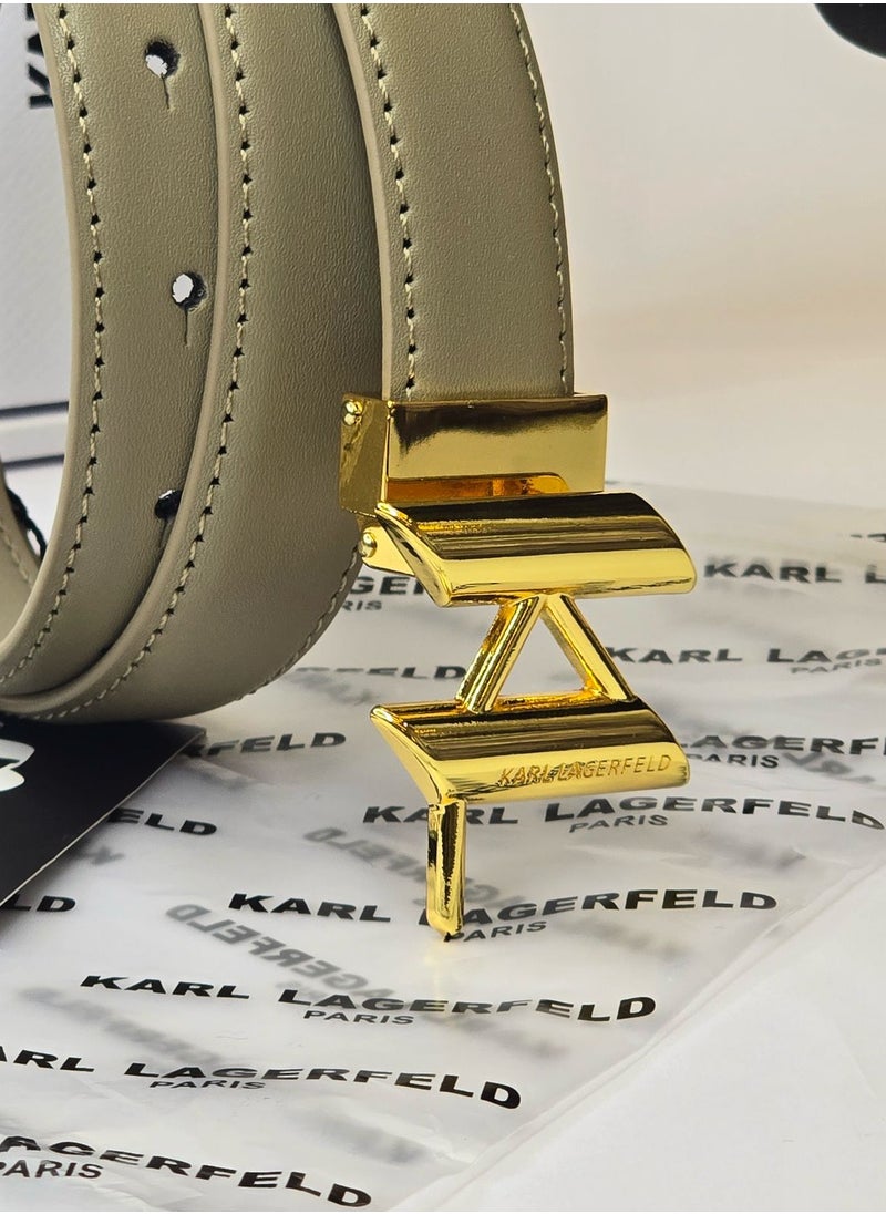 Karl Lagerfeld - Karl Lagerfeld Women's Taupe Leather Belt with Gold Buckle - Image 1