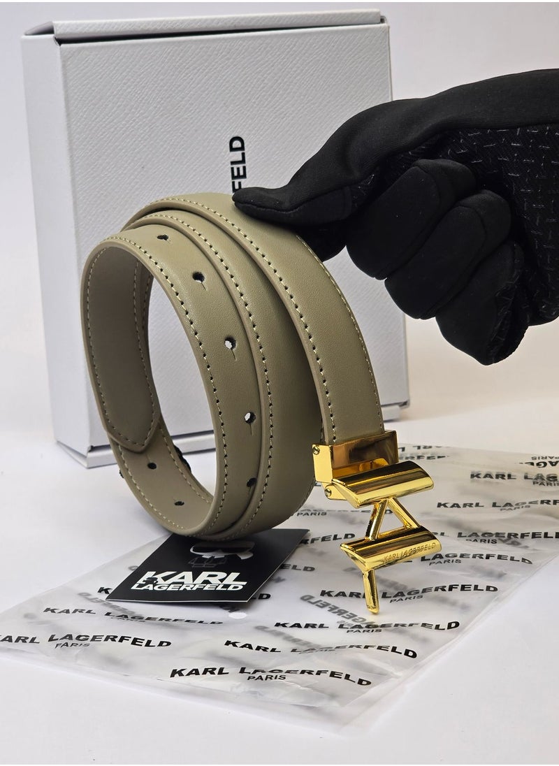 Karl Lagerfeld - Karl Lagerfeld Women's Taupe Leather Belt with Gold Buckle - Image 1
