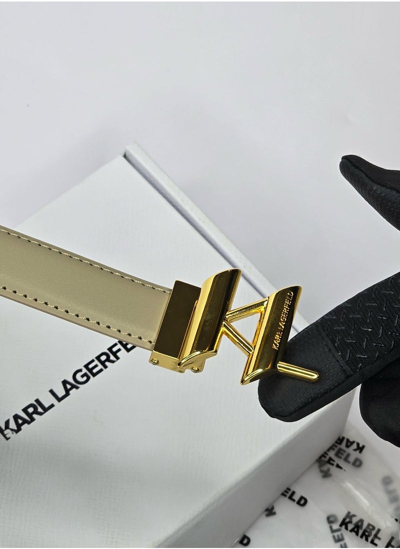 Karl Lagerfeld - Karl Lagerfeld Women's Taupe Leather Belt with Gold Buckle - Image 1