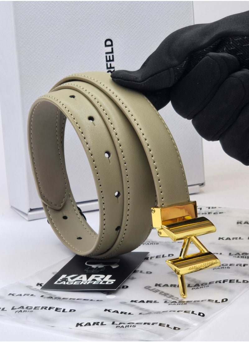 Karl Lagerfeld - Karl Lagerfeld Women's Taupe Leather Belt with Gold Buckle - Image 1