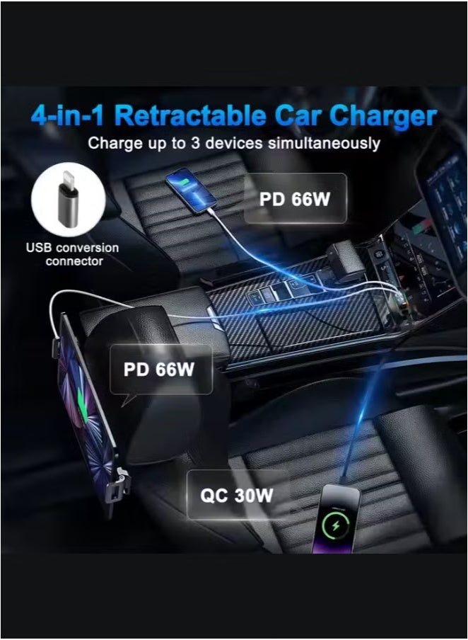 JAJEEK 120W 4-In-1 Retractable Car Charger With Starry Sky LED Display | Dual USB-A & USB-C Cables | PD Fast Charging For Phones, Tablets, GPS | Compact Design | Multi-Layer Safety Protection Against Over-Current, Over-Voltage, Overheating, & Short Circuits | Ideal For All Vehicles - Image 2