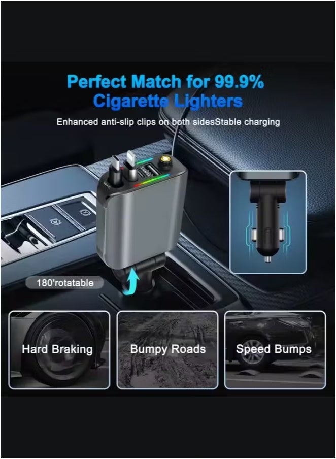 JAJEEK 120W 4-In-1 Retractable Car Charger With Starry Sky LED Display | Dual USB-A & USB-C Cables | PD Fast Charging For Phones, Tablets, GPS | Compact Design | Multi-Layer Safety Protection Against Over-Current, Over-Voltage, Overheating, & Short Circuits | Ideal For All Vehicles - Image 3