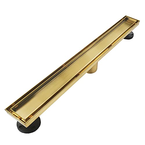 Neodrain 24-Inch Gold Linear Shower Drain, 2-in-1 Flat & Tile Insert Cover, Stainless Steel Linear Drain, Brushed Brass Rectangle Shower Floor Drain with Hair Strainer, Watermark&CUPC Certified - Image 2