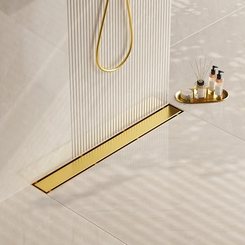 Neodrain 24-Inch Gold Linear Shower Drain, 2-in-1 Flat & Tile Insert Cover, Stainless Steel Linear Drain, Brushed Brass Rectangle Shower Floor Drain with Hair Strainer, Watermark&CUPC Certified - Image 1