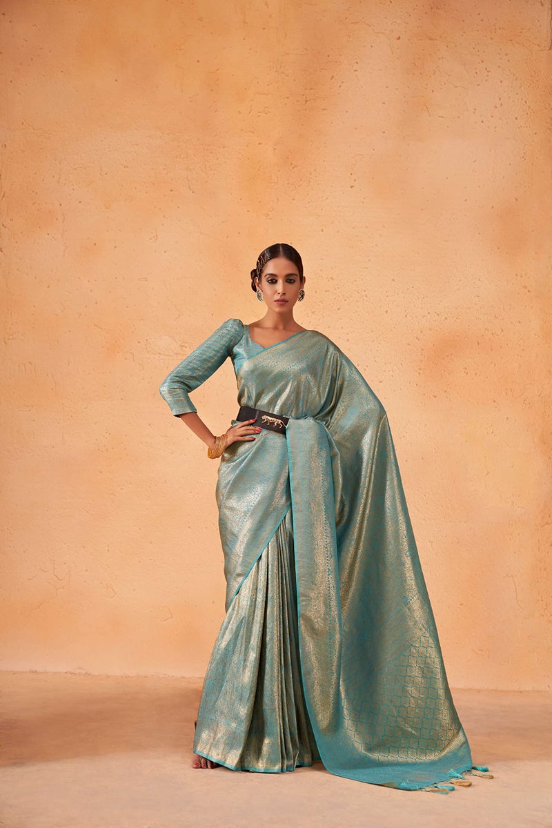 Vardha Women's Kanjivaram Art Silk Saree, Zari Woven, Gold, Unstitched Blouse - Light Blue, Blue Sari Asya Vol.3, 557 - Image 2