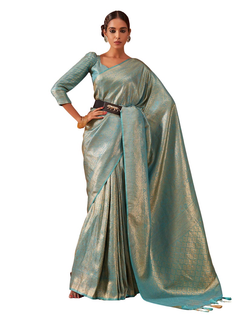 Vardha Women's Kanjivaram Art Silk Saree, Zari Woven, Gold, Unstitched Blouse - Light Blue, Blue Sari Asya Vol.3, 557 - Image 1