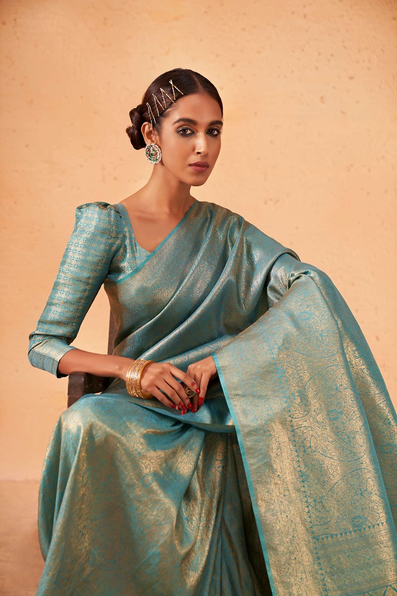 Vardha Women's Kanjivaram Art Silk Saree, Zari Woven, Gold, Unstitched Blouse - Light Blue, Blue Sari Asya Vol.3, 557 - Image 5