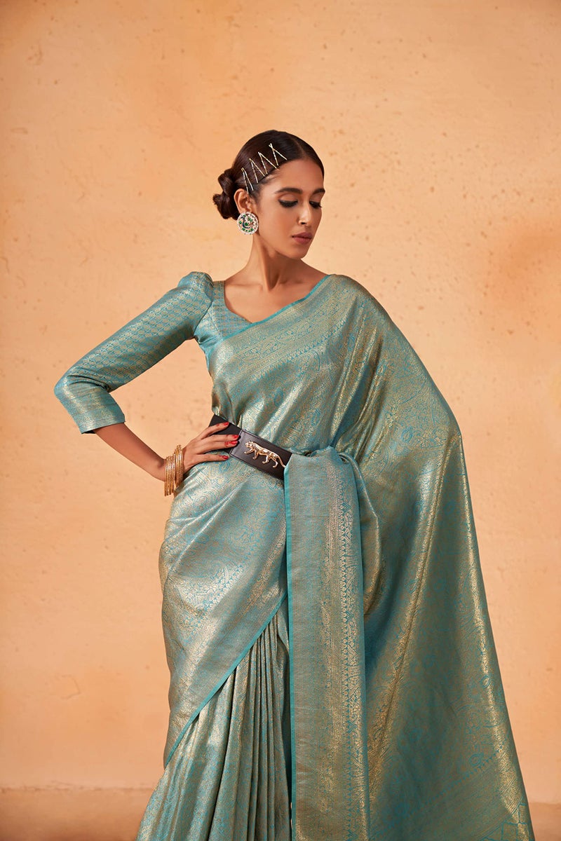 Vardha Women's Kanjivaram Art Silk Saree, Zari Woven, Gold, Unstitched Blouse - Light Blue, Blue Sari Asya Vol.3, 557 - Image 4