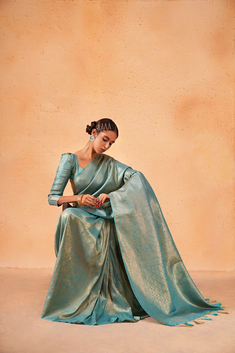 Vardha Women's Kanjivaram Art Silk Saree, Zari Woven, Gold, Unstitched Blouse - Light Blue, Blue Sari Asya Vol.3, 557 - Image 3