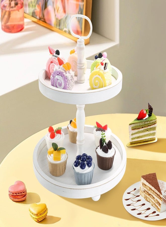 SYNCVIBE Wooden Two Tiered Tray Stand, Farmhouse Decorative Round Serving Tray with Metal Handle for Home, Kitchen Table Decor, Coffee Bar, Seasonal Holiday Decorations,Fruits and Cupcake Display (White) - Image 3