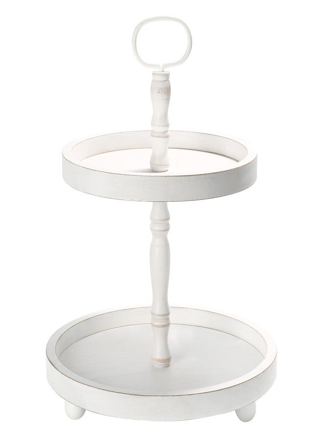 SYNCVIBE Wooden Two Tiered Tray Stand, Farmhouse Decorative Round Serving Tray with Metal Handle for Home, Kitchen Table Decor, Coffee Bar, Seasonal Holiday Decorations,Fruits and Cupcake Display (White) - Image 1