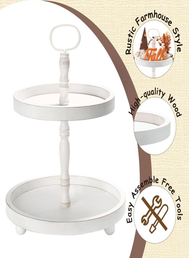 SYNCVIBE Wooden Two Tiered Tray Stand, Farmhouse Decorative Round Serving Tray with Metal Handle for Home, Kitchen Table Decor, Coffee Bar, Seasonal Holiday Decorations,Fruits and Cupcake Display (White) - Image 5