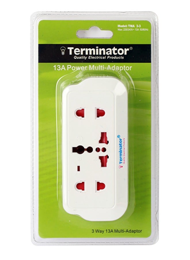 Terminator 3 Way Universal T Socket with One 3 Pin and Two 2 Pin Sockets 3 Pin Flat Plug - Image 1