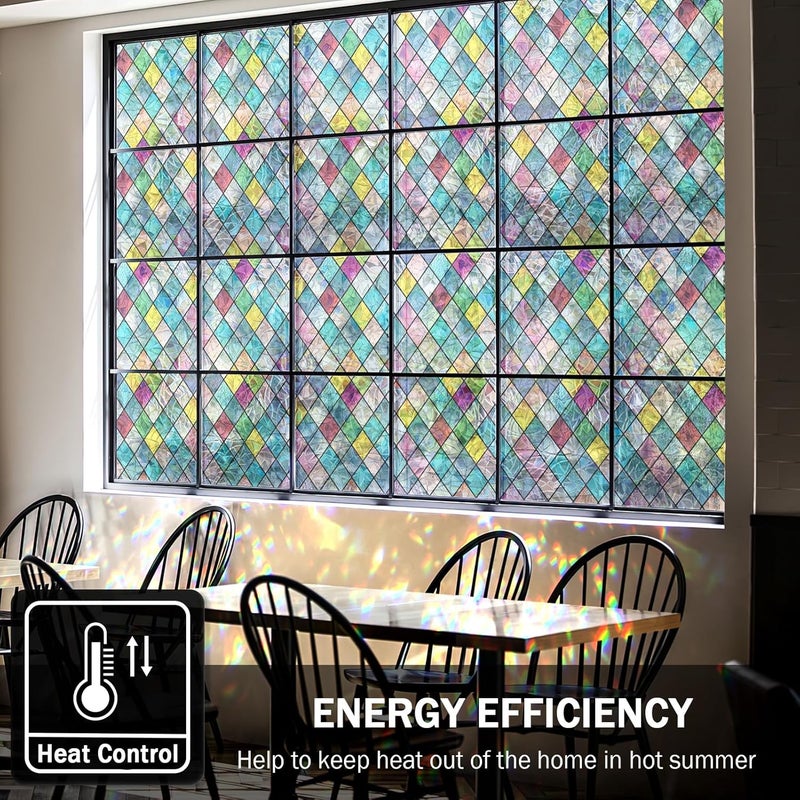 FEOMOS Window Privacy Film, Rainbow Stained Glass Window Film, 3D Decorative Colorful Lattice Static Cling Window Cling, Glass Decals Stickers Window Tint for Home Anti UV 11.8 x 78.7 inches - Image 5