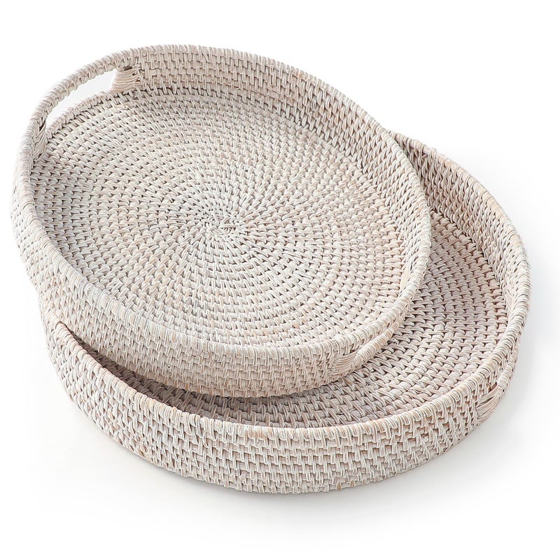 HITOMEN HandWoven Round Rattan Serving Tray Decorative Ottoman Wicker Platter with Handles for Coffee Table Breakfast Drinks Snack Bread Fruit Vegetables Whitewash Set of 2 ML