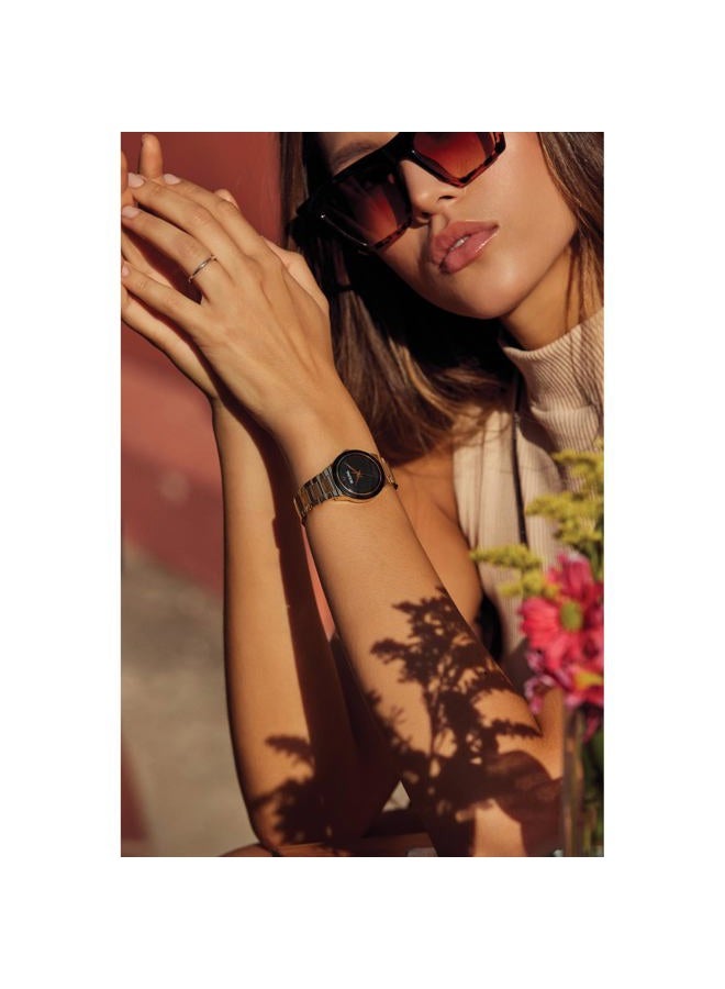 Bulova ساعة كواتز للسيدات من مودرن ميلينيا، ذهبية، مصنوعة من الفولاذ المقاوم للصدأ، ذات يدين، بقرص أسود، الطراز: 97L175 - Image 3