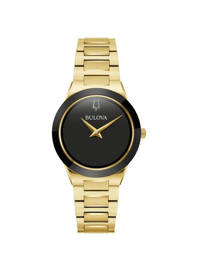 Bulova ساعة كواتز للسيدات من مودرن ميلينيا، ذهبية، مصنوعة من الفولاذ المقاوم للصدأ، ذات يدين، بقرص أسود، الطراز: 97L175 - Image 1