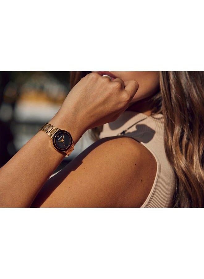 Bulova ساعة كواتز للسيدات من مودرن ميلينيا، ذهبية، مصنوعة من الفولاذ المقاوم للصدأ، ذات يدين، بقرص أسود، الطراز: 97L175 - Image 2
