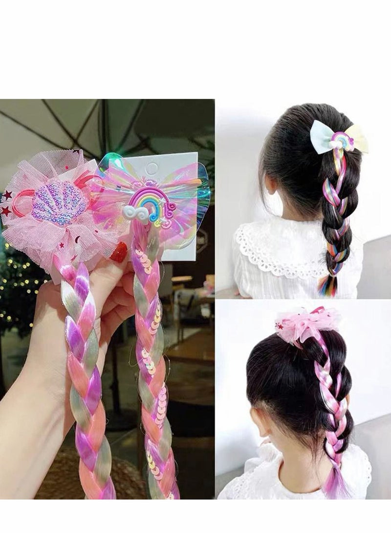 Excefore إضافات شعر ضفائر ملونة للأطفال، 8 قطع مزيفة مع أربطة مطاطية، ذيول، bows، قطع شعر صناعية لامعة، ضفائر للنساء والأطفال والفتيات، تسريحات حفلات، كوسبلاي، تنكر - Image 3