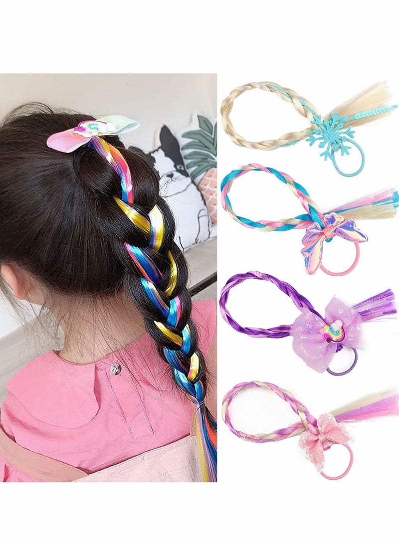 Excefore إضافات شعر ضفائر ملونة للأطفال، 8 قطع مزيفة مع أربطة مطاطية، ذيول، bows، قطع شعر صناعية لامعة، ضفائر للنساء والأطفال والفتيات، تسريحات حفلات، كوسبلاي، تنكر - Image 4
