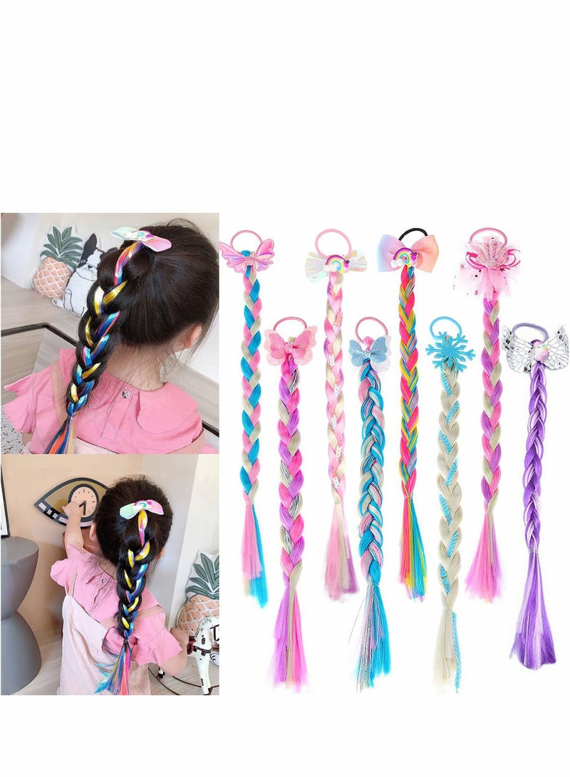Excefore إضافات شعر ضفائر ملونة للأطفال، 8 قطع مزيفة مع أربطة مطاطية، ذيول، bows، قطع شعر صناعية لامعة، ضفائر للنساء والأطفال والفتيات، تسريحات حفلات، كوسبلاي، تنكر - Image 1