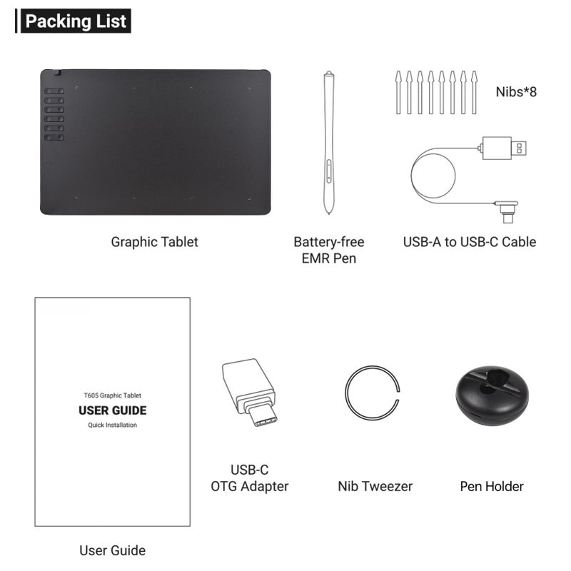 T1161 Graphics Drawing Tablet Ultra-thin Art Creation Sketch with Battery-free Stylus 8 Pen Nibs 8192 Levels Pressure 12 Customized Shortcut Keys Compatible with Windows Android OTG - Image 3