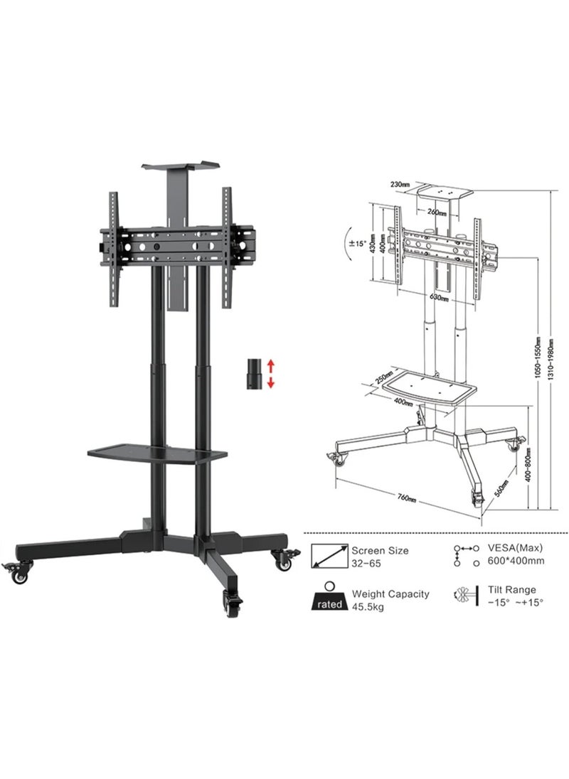 SKY-TOUCH - Mobile TV Stand Rolling TV Cart for 32-65 Inch,Height Adjustable Floor TV Stand,Lockable Wheels&Removable Shelf for LCD LED 4K Flat Curved TV,110 lbs,Max VESA 600x400mm,180x76x56cm,Black - Image 1