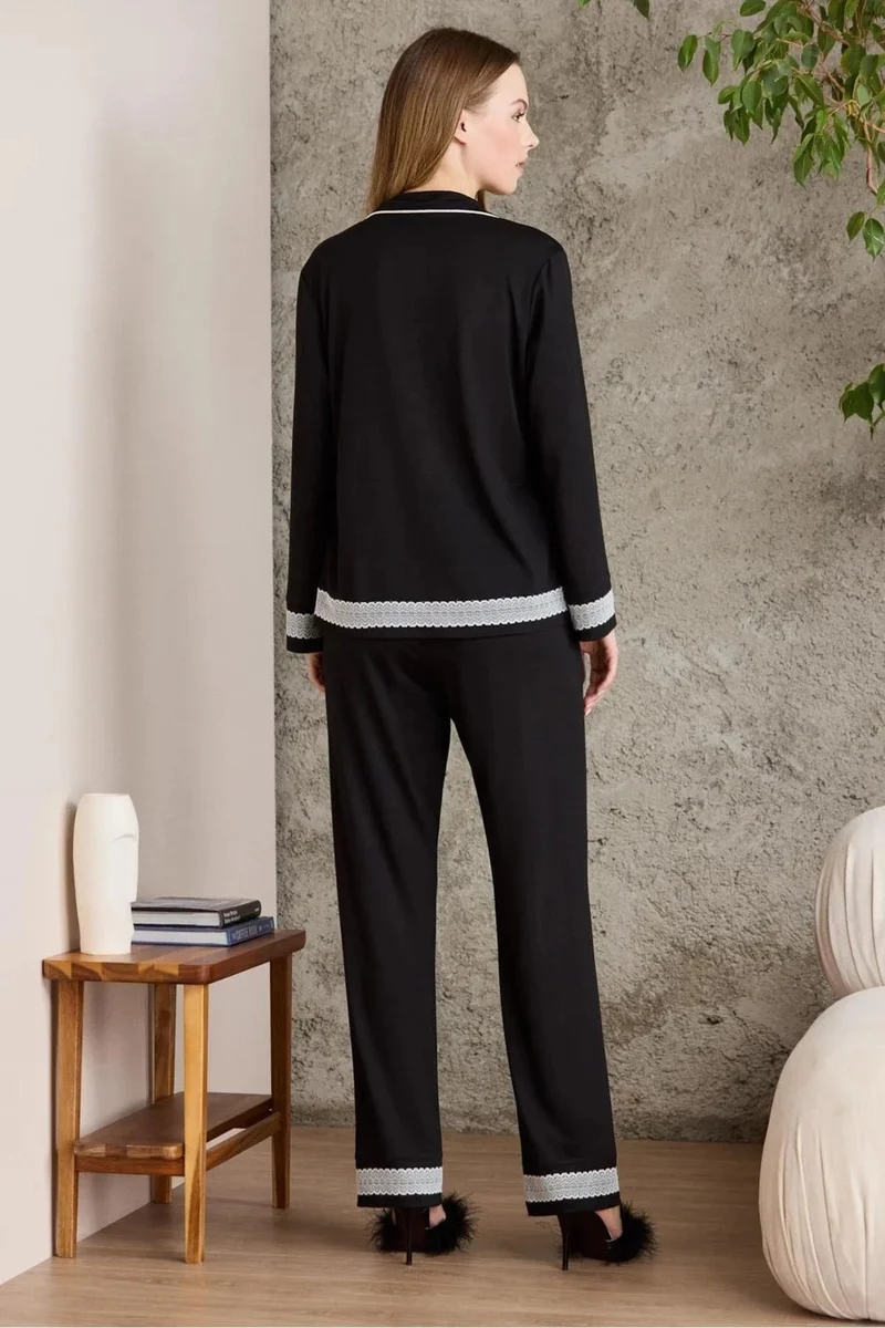 بيير كاردان 2200 Women's Long Sleeve Shirt Pajama Set-Black