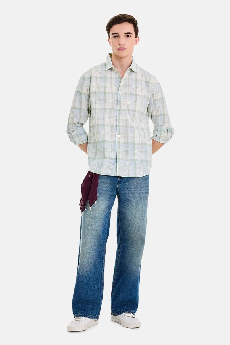 سنيتش Light Blue Checkered Long Sleeve Regular Fit Casual Shirt