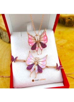 925 Sterling Silver Pink Zircon Stone Butterfly Necklace & Bracelet Set