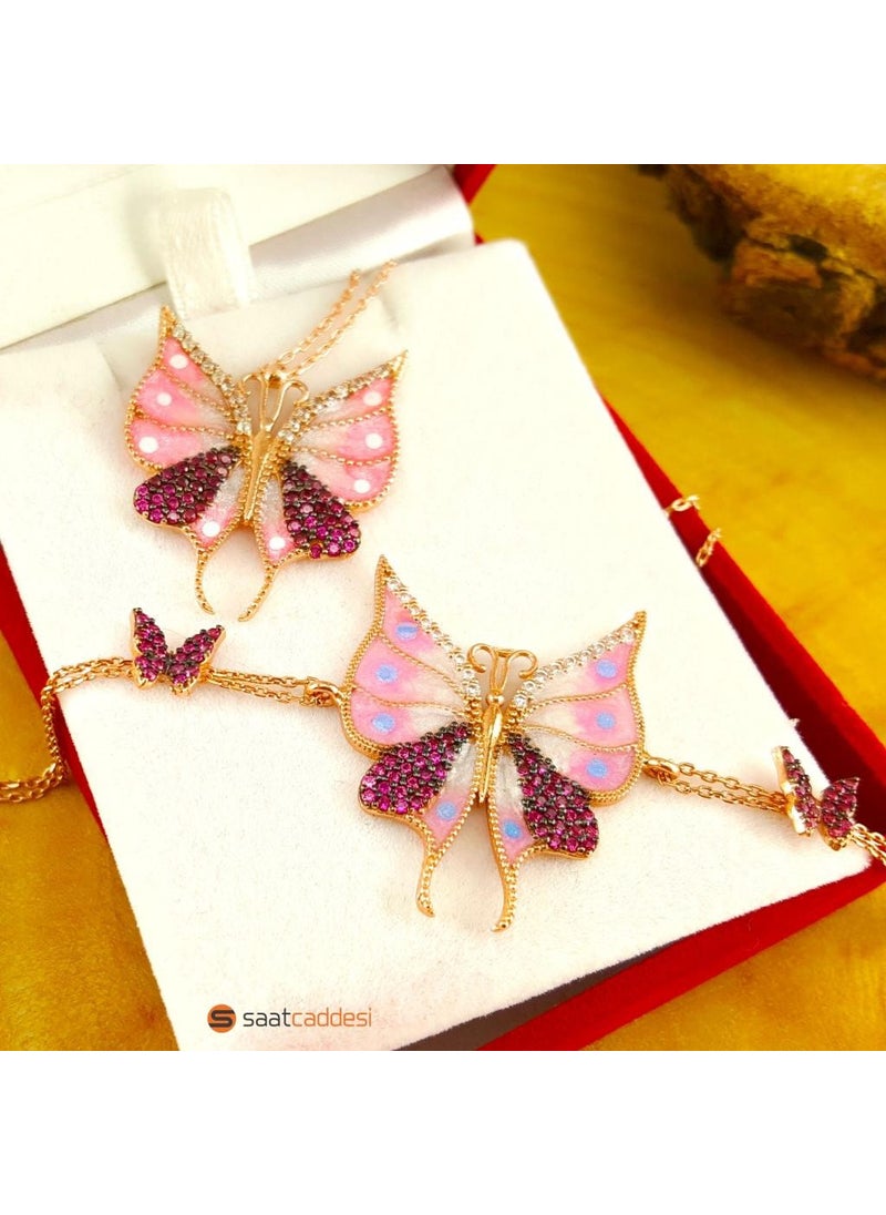 Pigoda - 925 Sterling Silver Pink Zircon Stone Butterfly Necklace & Bracelet Set - Image 1