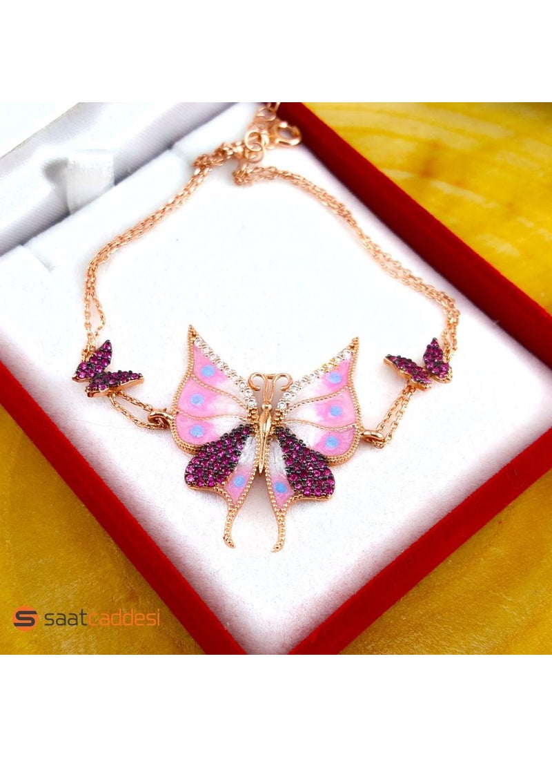 Pigoda - 925 Sterling Silver Pink Zircon Stone Butterfly Necklace & Bracelet Set - Image 1