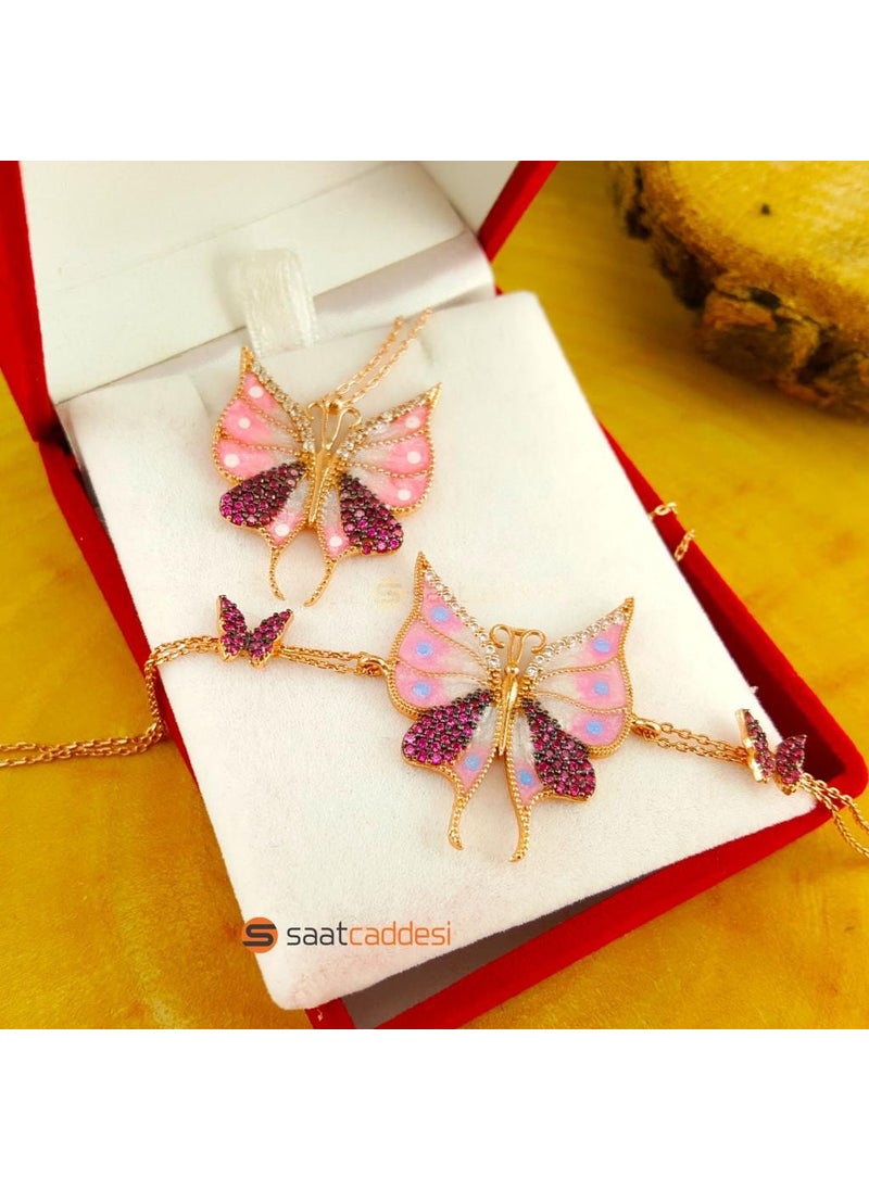Pigoda - 925 Sterling Silver Pink Zircon Stone Butterfly Necklace & Bracelet Set - Image 1