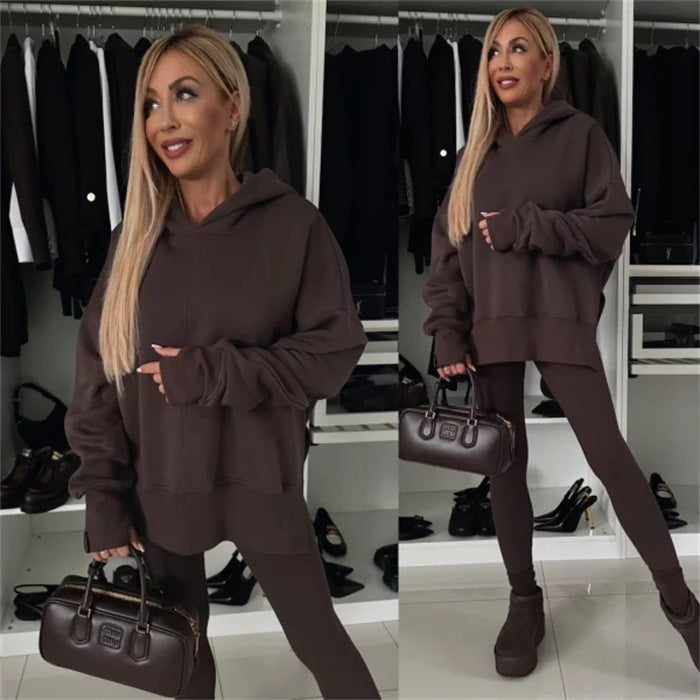 Fall/winter 2024 new Amazon Europe and the United States cross-border womens casual loose solid color printed hooded suit Wine red - Image 2