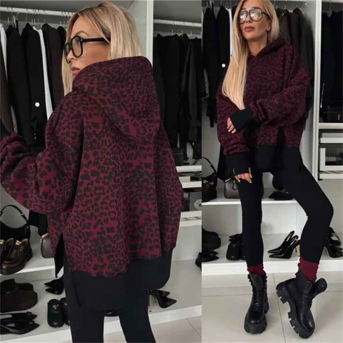 Fall/winter 2024 new Amazon Europe and the United States cross-border womens casual loose solid color printed hooded suit Wine red - Image 4
