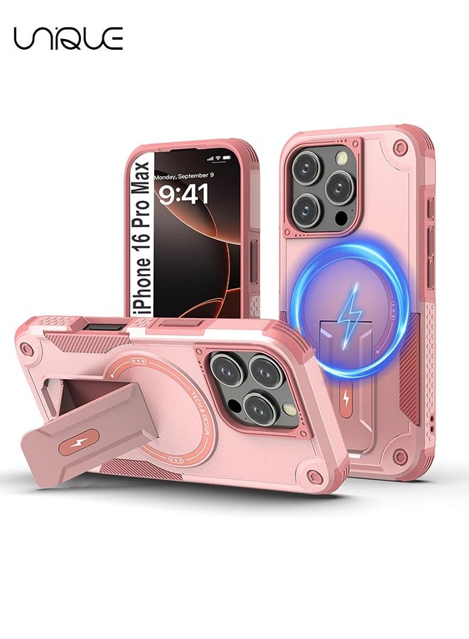 يونيك جراب آيفون 16 برو ماكس مع حامل - متوافق مع مسند خلفي مدمج من MagSafe - مقاوم للصدمات حماية كاملة للجسم - حامل مغناطيسي مخفي - وردي - Image 1