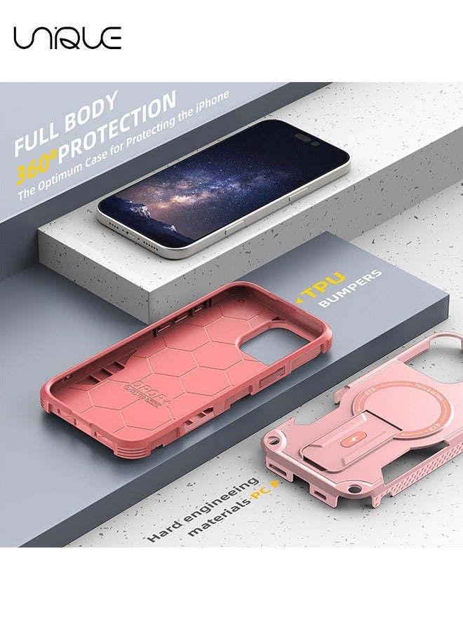 يونيك جراب آيفون 16 برو ماكس مع حامل - متوافق مع مسند خلفي مدمج من MagSafe - مقاوم للصدمات حماية كاملة للجسم - حامل مغناطيسي مخفي - وردي - Image 2