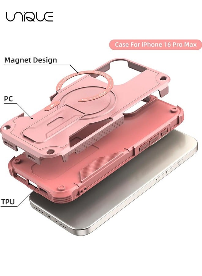 يونيك جراب آيفون 16 برو ماكس مع حامل - متوافق مع مسند خلفي مدمج من MagSafe - مقاوم للصدمات حماية كاملة للجسم - حامل مغناطيسي مخفي - وردي - Image 3