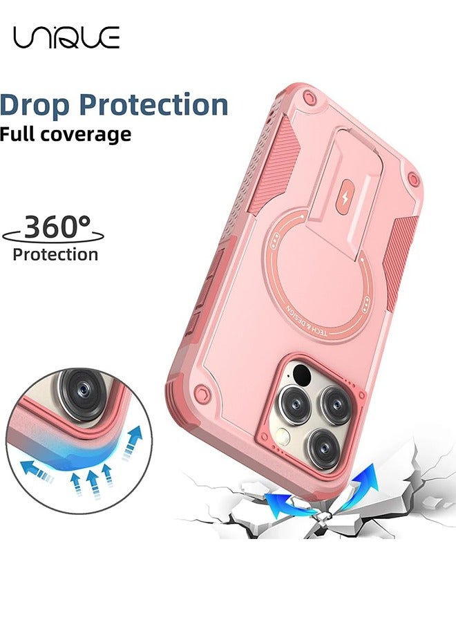 يونيك جراب آيفون 16 برو ماكس مع حامل - متوافق مع مسند خلفي مدمج من MagSafe - مقاوم للصدمات حماية كاملة للجسم - حامل مغناطيسي مخفي - وردي - Image 5