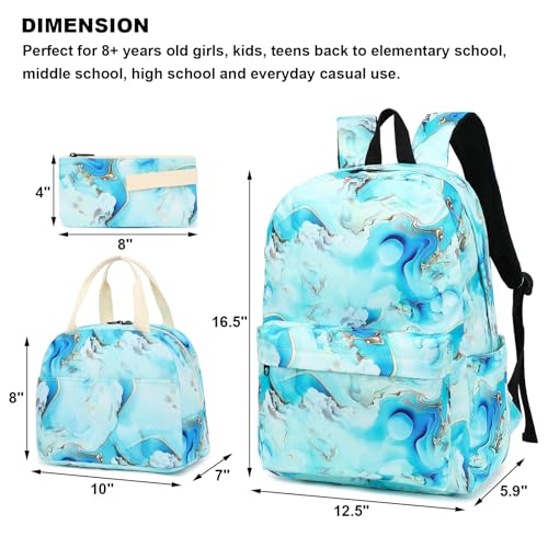 Kouxunt Marble Girls School Backpacks for Kids Teens 3in1 School Bag Bookbags Set with Lunch Bag Pencil Case Green - Image 3