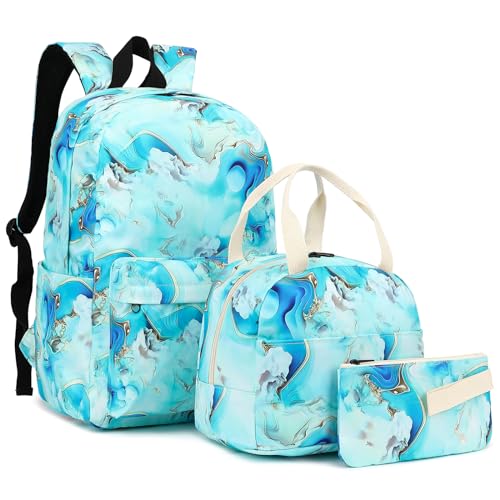 Kouxunt Marble Girls School Backpacks for Kids Teens 3in1 School Bag Bookbags Set with Lunch Bag Pencil Case Green - Image 1