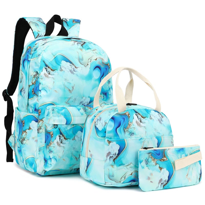 Kouxunt Marble Girls School Backpacks for Kids Teens 3in1 School Bag Bookbags Set with Lunch Bag Pencil Case Green - Image 2