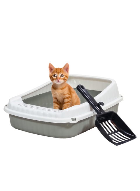 Semi-enclosed cat litter box with Litter scoop, High sides, Grid design, and detachable design, Durable lightweight cat toilet, Suitable for Indoor/Outdoor use, Easy to clean, 37 cm (Grey)