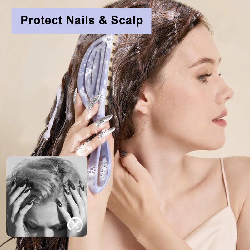 RHOS Scalp Massager, Shampoo Brush with Handle, Curved Vented Hair Scrubber, Scalp Brush for Wet & Dry Hair (Purple) - Image 3