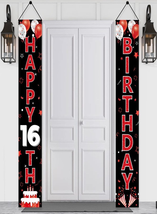 Parfundg Red and Black 16th Birthday Decorations Door Banner for Women, Red Black Happy 16 Birthday Porch Sign Party Supplies, Sixteen Year Old Birthday Backdrop for Outdoor Indoor - Image 1