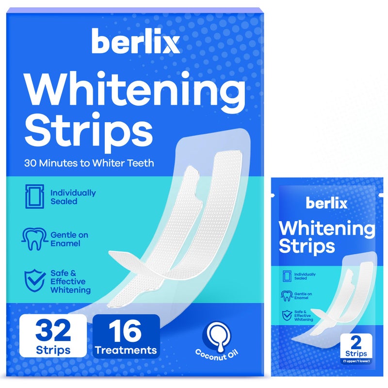 Berlix Teeth Whitening Strips (16 Treatments, 32 Count), Enamel Safe for Teeth Whitener, Whitening Strips with Coconut Oil, Formulated to Be Gentle & Non Slip and Quick-Dry, Stains Removal - Image 1