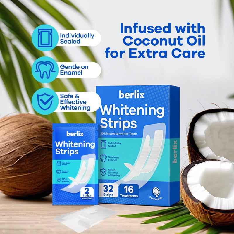 Berlix Teeth Whitening Strips (16 Treatments, 32 Count), Enamel Safe for Teeth Whitener, Whitening Strips with Coconut Oil, Formulated to Be Gentle & Non Slip and Quick-Dry, Stains Removal - Image 4