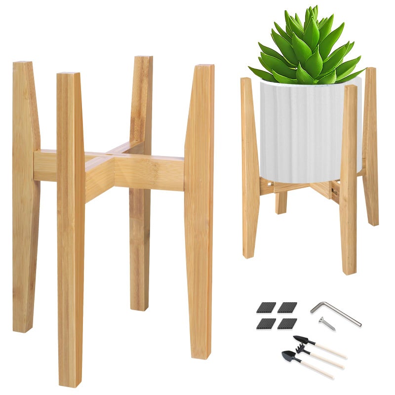 OERGKE Adjustable Plant Stand Indoor, Bamboo Mid Century Modern Plants Stands, Corner Flower Holder for Living Room, Fits 8 to 12 Inches Pots, (Pot & Plant Not Included)(Nature, 1 Pack) - Image 1