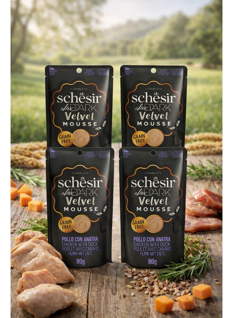 Schesir After Dark Velvet Mousse for Adult Cats – Chicken with Duck – Grain-Free High-Protein Formula – 320 g (4 x 80 g Pouches) - Image 1