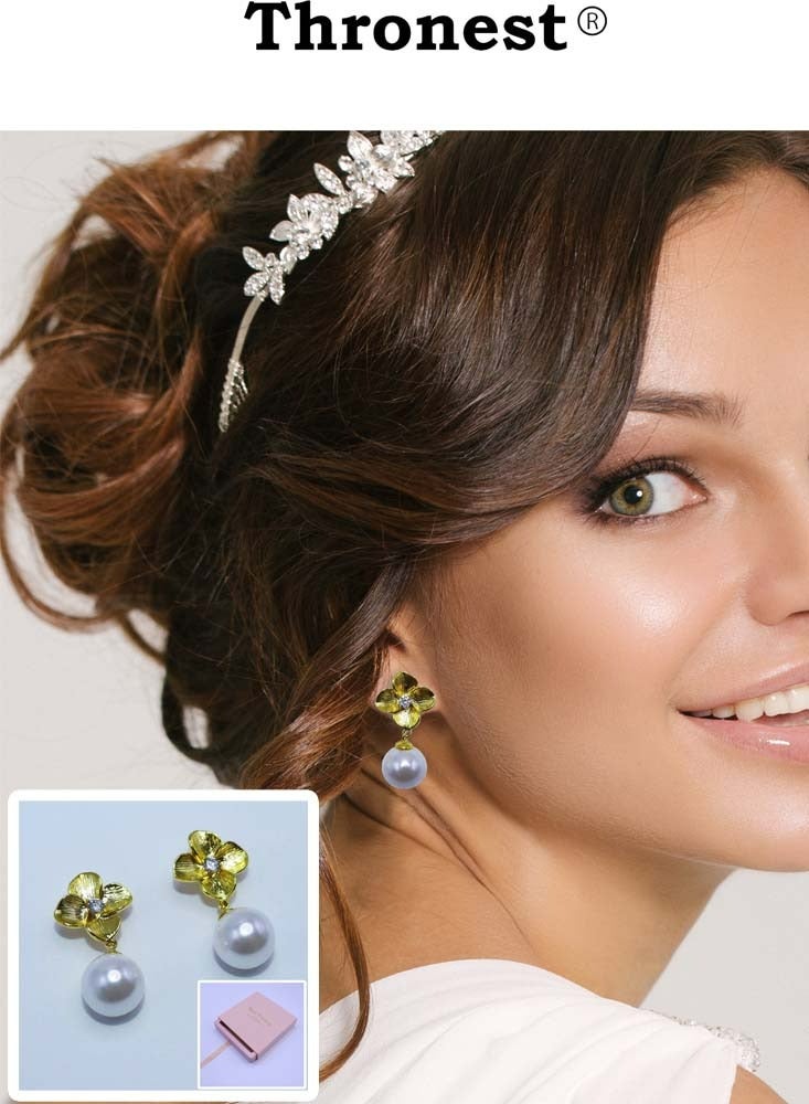 عرش أقراط أنيقة من الذهب عيار 18 قيراط، أقراط متدلية من اللؤلؤ بتصميم بتلات اللؤلؤ، هدايا مجوهرات فاخرة لا تسبب الحساسية لحفلات الزفاف والحفلات والملابس اليومية - Image 1